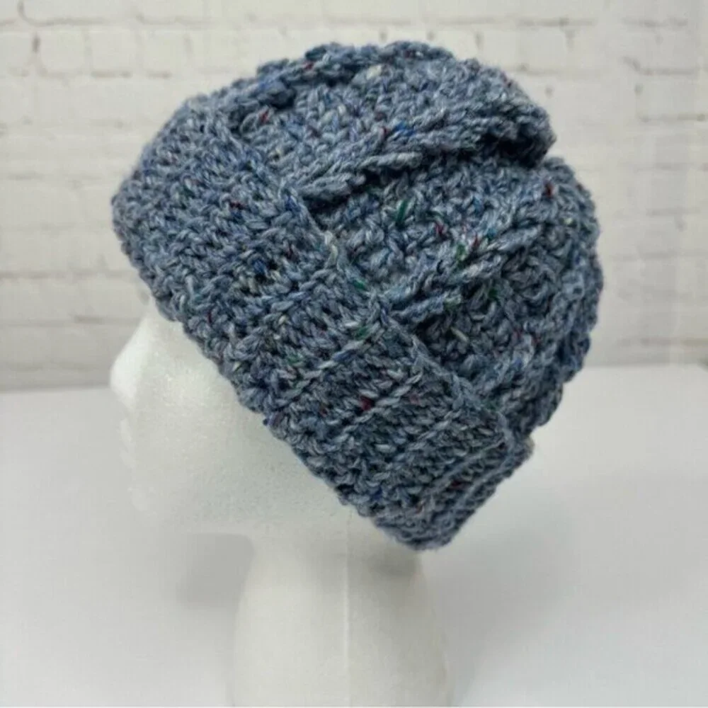 Created By Cyd Tweed Blue‎ Wool Cable Knit Beanie Hat Handmade Ireland NEW